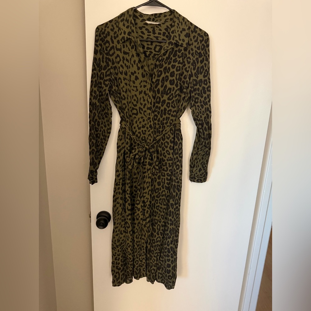 Lucky Brand Olive Green Leopard Wrap Midi Dress